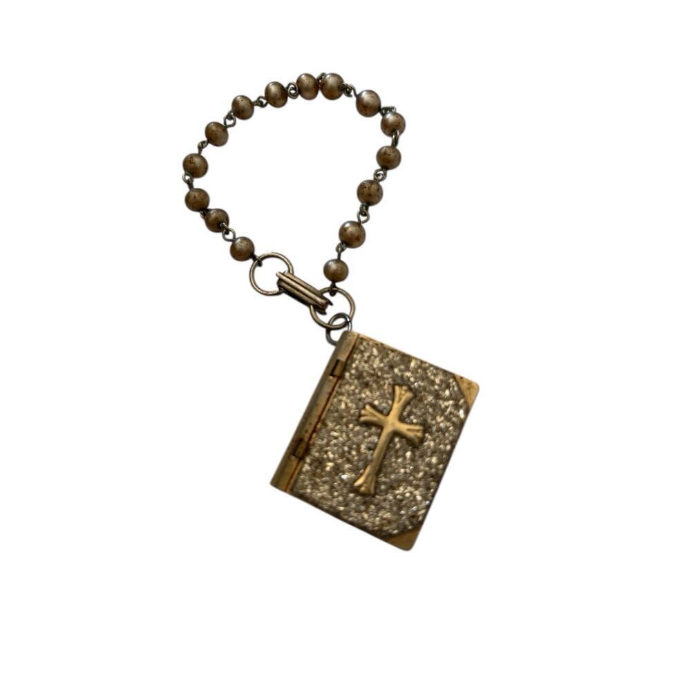 Rosary Faux Pearl Bible Book Locket Charm Bracelet Catholic Religious Jewelry